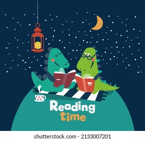 Cute dinosaur reads a book. Funny tyrannosaur