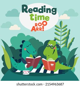 Cute dinosaur reads a book. Funny tyrannosaur