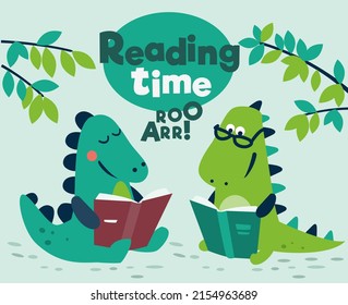 Cute dinosaur reads a book. Funny tyrannosaur