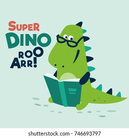 Cute dinosaur reads a book. Funny tyrannosaur 