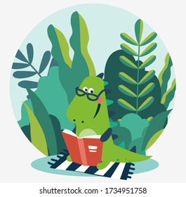 Cute dinosaur reads a book in the garden. Funny tyrannosaur relaxing in park