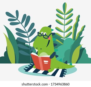 Cute dinosaur reads a book in the garden. Funny tyrannosaur relaxing in park