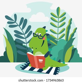 Cute dinosaur reads a book in the garden. Funny tyrannosaur relaxing in park