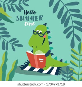 Cute dinosaur reads a book in the garden. Funny tyrannosaur relaxing in park