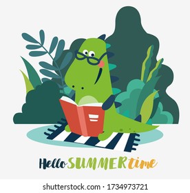 Cute dinosaur reads a book in the garden. Funny tyrannosaur relaxing in park