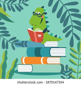 Cute dinosaur reads a book in the garden. Funny tyrannosaur relaxing in park