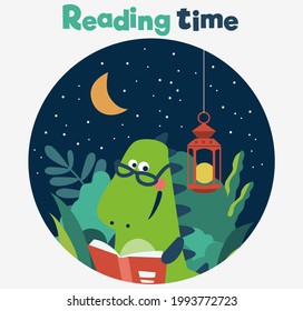 Cute dinosaur reads a book in the garden. Funny tyrannosaur relaxing in park