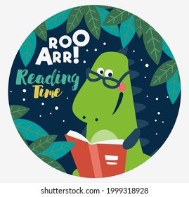 Cute dinosaur reads a book in the garden. Funny tyrannosaur relaxing in park