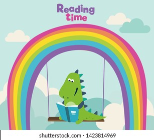 Cute dinosaur reads a book on swing. Funny tyrannosaur sitting on the rainbow