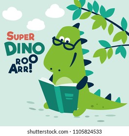 Cute dinosaur reads a book under the tree. Funny tyrannosaur relaxing in park 