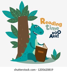 Cute dinosaur reads a book under the tree. Funny tyrannosaur relaxing in park 