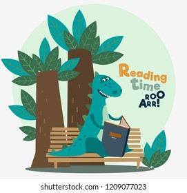 Cute dinosaur reads a book under the tree. Funny tyrannosaur relaxing in park 