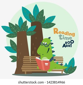 Cute dinosaur reads a book under the tree. Funny tyrannosaur relaxing in park