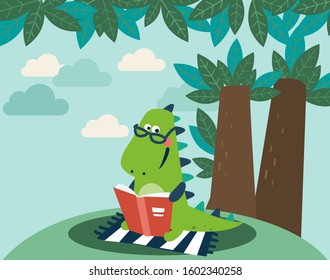 Cute dinosaur reads a book under the tree. Funny tyrannosaur relaxing in park