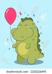 Cute dinosaur with a red ball celebrates his birthday