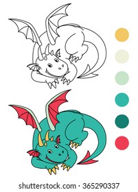 Cute dinosaur with red wings. Coloring book. Black and White outline. Great illustration for a school books and more. VECTOR. Editorial. Education. Advertising. Board.
