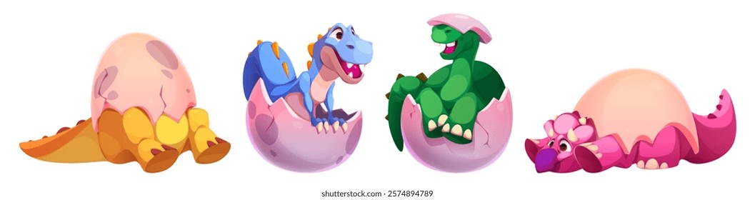 Cute dinosaur reptiles of different colors hatching from eggs - cartoon newborn creatures for game design, stickers or children book illustration. Baby dino emerging from pink shell collection.