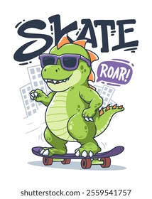 Cute Dinosaur Ride Skateboard Hand Drawn Vector Illustration Designs