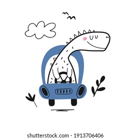 Cute dinosaur rides in a blue car. Vacation travel concept. Kids vector illustration. Can be used for shirt design, fashion print design, kids wear, greeting card.