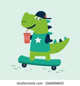 Cute dinosaur rides on skateboard. Tyrannosaur skateboarder drinking juice