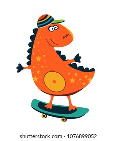 Cute dinosaur rides on skateboard
