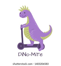Cute dinosaur rides on skateboard isolated on white background. Little dino for t-shirt, kids apparel, poster, nursery or etc. Vector Illustration.
