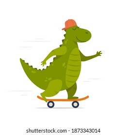 Cute dinosaur rides on skateboard. Tyrannosaur skateboarder