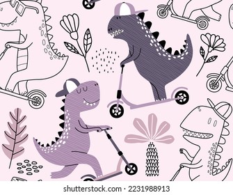 Cute dinosaur rides a scooter. Vector texture in childish style great for fabric and textile, wallpapers, backgrounds. Pastel colors.