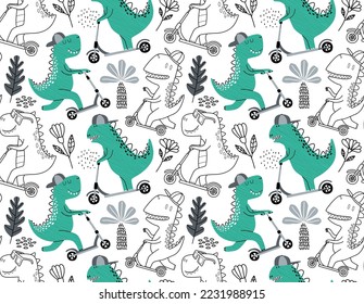 Cute dinosaur rides a scooter. Vector texture in childish style great for fabric and textile, wallpapers, backgrounds. Pastel colors.