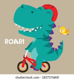 Cute dinosaur riding a bicycle. Shirt print.