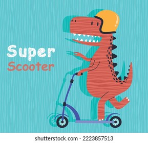 cute dinosaur riding kick scooter. 
