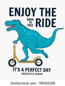 Cute dinosaur riding scooter. Vector illustration for t-shirt and other uses.