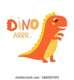 Cute dinosaur roar, colourful lettering, childish illustration for children books, dino character isolated on white background, baby scandinavian jurassic animal