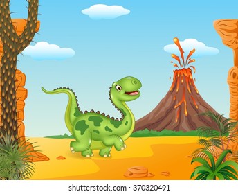 Cute dinosaur running in the prehistoric background