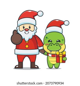 Cute dinosaur with santa claus. Cute christmas cartoon illustration.