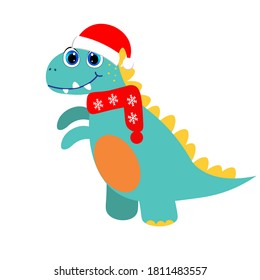 Cute dinosaur in santa claus hat illustration, christmas vector	