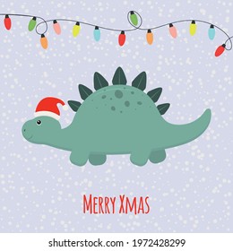 Cute dinosaur in a santa hat. Snow background with garland. Merry Xmas. Vector illustration.