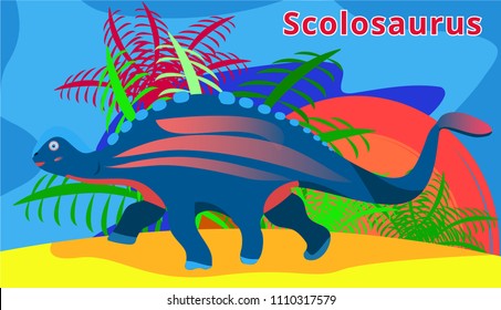 Cute dinosaur Scolosaurus.Flat cartoons illustration. Scolosaurus in wildlife. dinosaur in jungle with palm. Herbivorous dinosaur of Jurassic period. Extinct animal.Scolosaurus. Paleontology concept