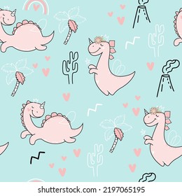 Cute dinosaur seamless pattern backgrounds. Boho style. Vector illustration design for t-shirts, wrapping paper