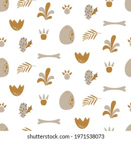 Cute dinosaur Seamless pattern. Cartoon baby dino nursery print. Vector background with eggs and bones. Jurassic kid texture. Prehistoric animal wallpaper. Perfect for fabric, textile, and wrap paper.