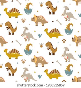 Cute dinosaur Seamless pattern. Cartoon baby dino nursery print. Vector background with dinosaur. Jurassic kids texture. Prehistoric animal wallpaper. Perfect for fabrics, textile, and wrap paper. 