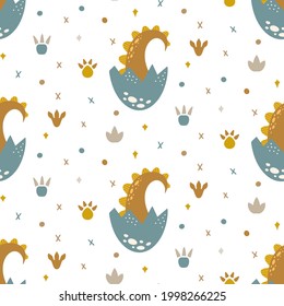 Cute dinosaur Seamless pattern. Cartoon baby dino nursery print. Vector background with dinosaur. Jurassic kids texture. Prehistoric animal wallpaper. Perfect for fabrics, textile, and wrap paper. 