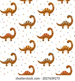Cute dinosaur Seamless pattern. Cartoon baby dino nursery print. Vector background with dinosaur. Jurassic kids texture. Prehistoric animal wallpaper. Perfect for fabrics, textile, and wrap paper. 