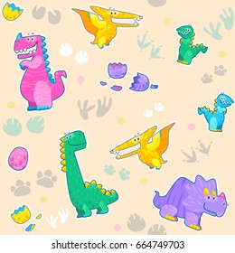 Cute dinosaur seamless pattern. Cartoon vector background is suitable for cards, wallpapers, backgrounds of any kind, fabric and textile printing.