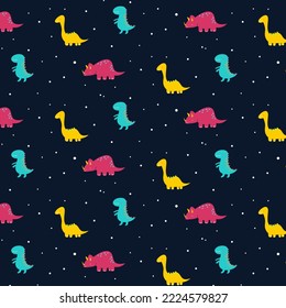 Cute dinosaur seamless pattern in childish style. Vector Illustration. Can be used for fabric and textile, wallpapers, backgrounds, home decor, posters, cards.