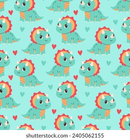 Cute dinosaur seamless pattern. Cute colored dinosaurs for nursery, kids clothing. Kids pattern in flat cartoon style.