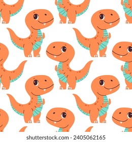 Cute dinosaur seamless pattern. Cute colored dinosaurs for nursery, kids clothing. Kids pattern in flat cartoon style.