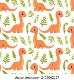 Cute dinosaur seamless pattern. Cute colored dinosaurs for nursery, kids clothing. Kids pattern in flat cartoon style.