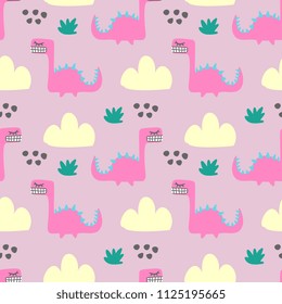 Cute dinosaur seamless pattern with feminine colors. Colorful fun monster animal for children textile print.