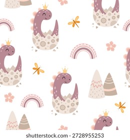 Lindo patrón sin fisuras de dinosaurio para impresión femenina. Fondo de la muchacha del dinosaurio de la historieta, animal prehistórico, ilustración del personaje jurásico, fondo del Vector de los niños.